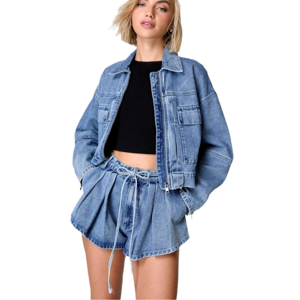 Veste en jean femme – Coupe oversize – Court – Poches poitrine – Fermeture zippée