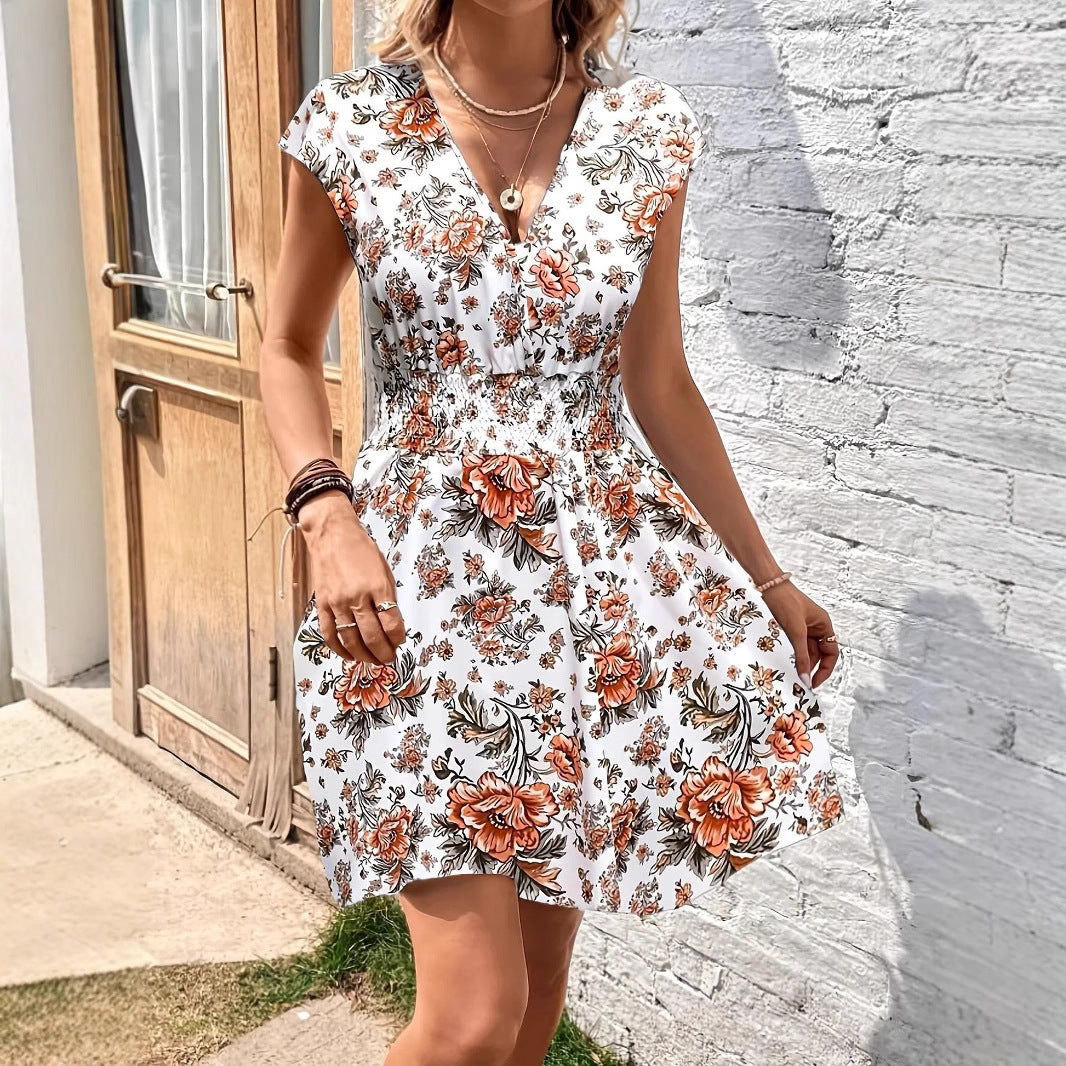 Women's flared dress – V-neck – Ruffled sleeves – Smocked waist – Lightweight fabric