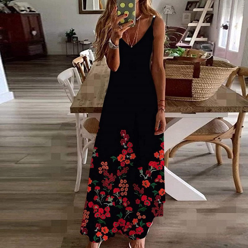 Women's long dress – Loose fit – Thin straps – V-neck – Floral print