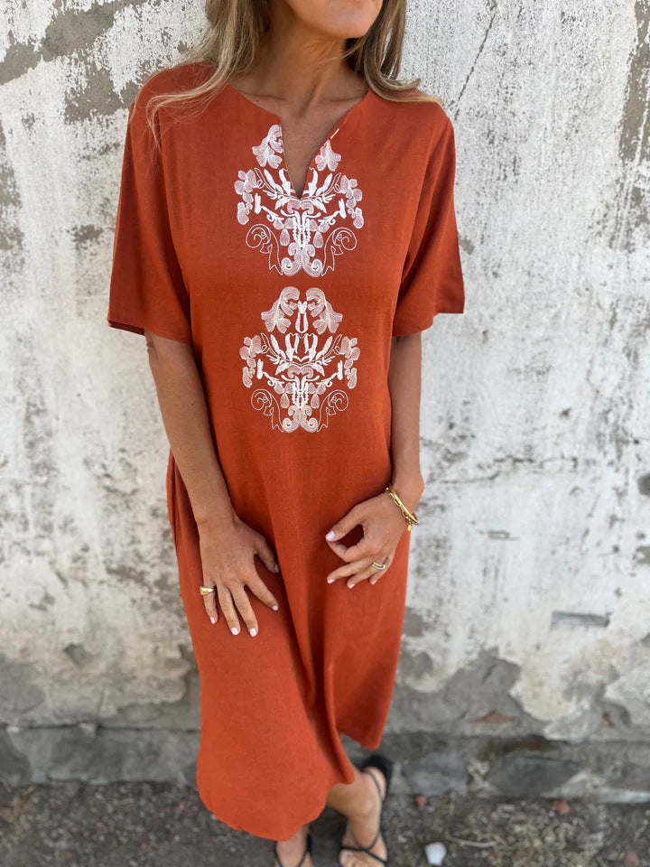 Women's midi dress – Natural fibers – Straight cut – Short sleeves – Front embroidery