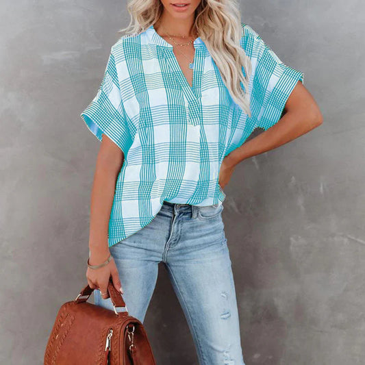 Women's blouse – Loose fit – Checkered pattern – Short sleeves – Lightweight cotton fabric