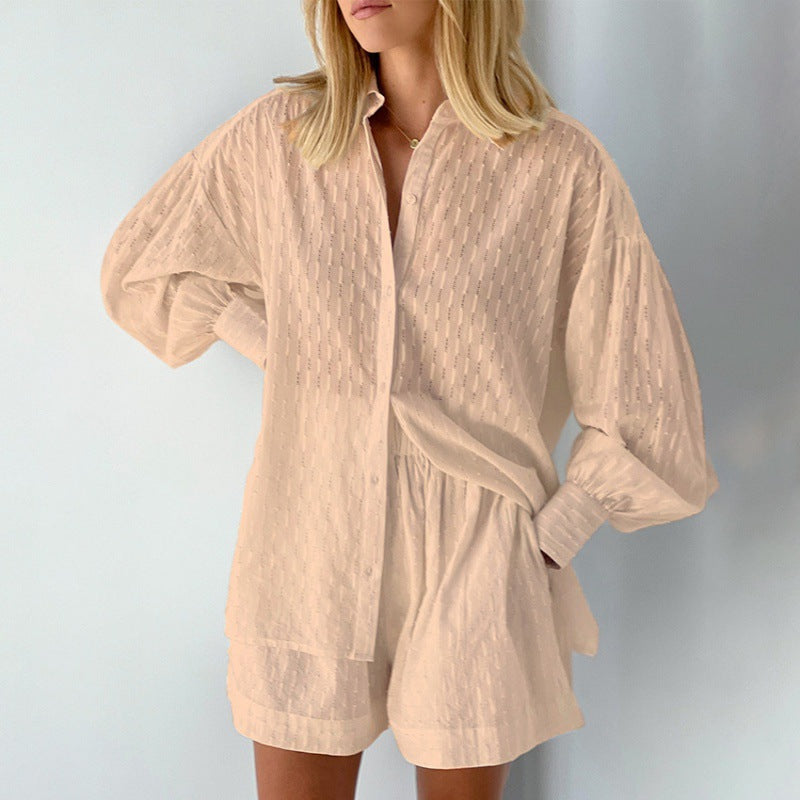 Women's Set Blouse and Shorts – Loose Fit – Textured Fabric – Puff Sleeves