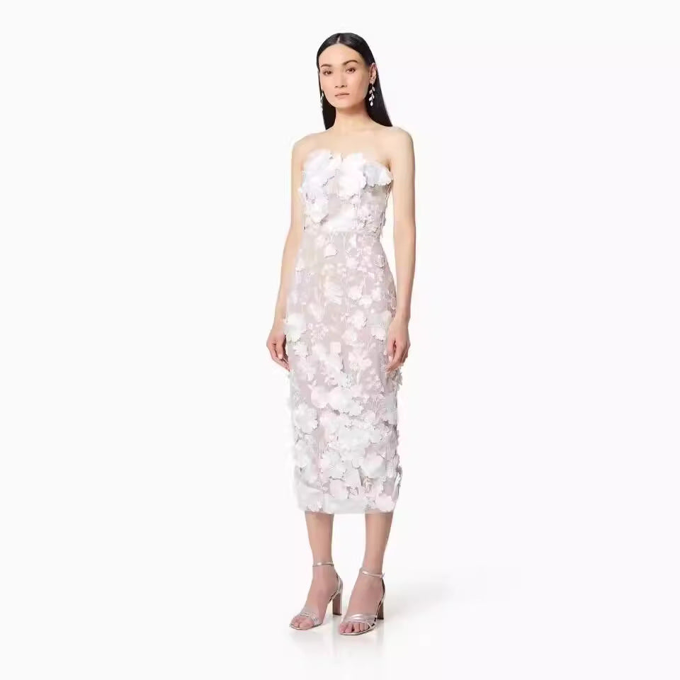 Women's Bustier Dress – Slim Fit – Lightweight Tulle – 3D Floral Appliqués – Midi Length