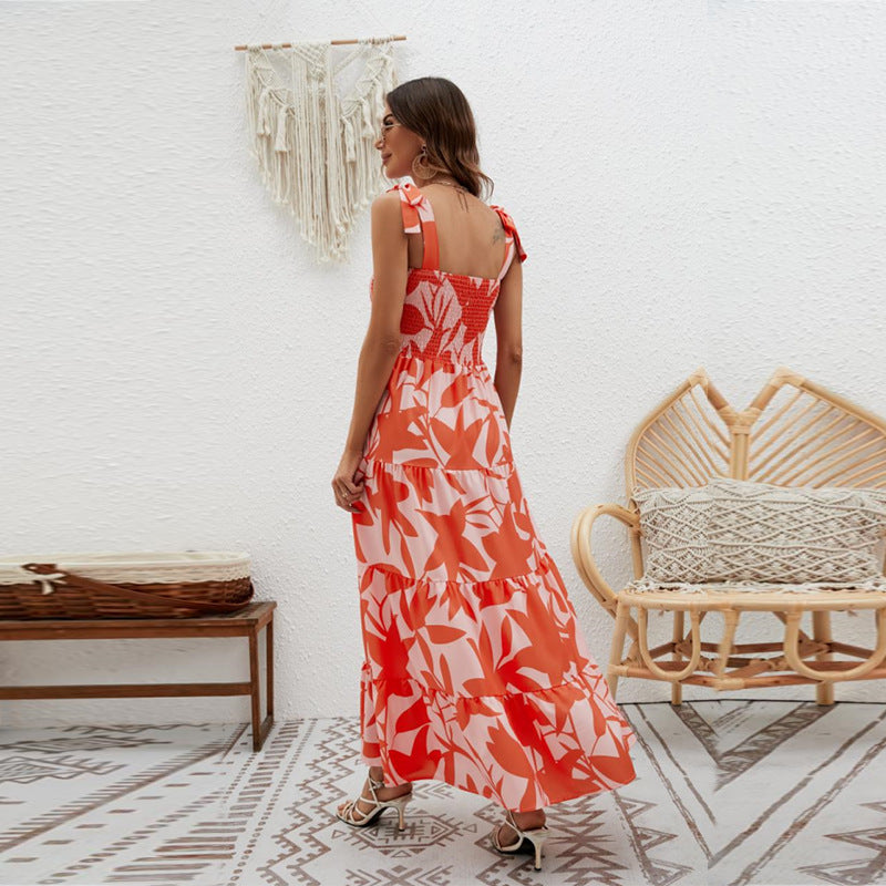 Robe longue femme – Bretelles à nouer – Buste smocké – Jupe volantée – Fibres naturelles