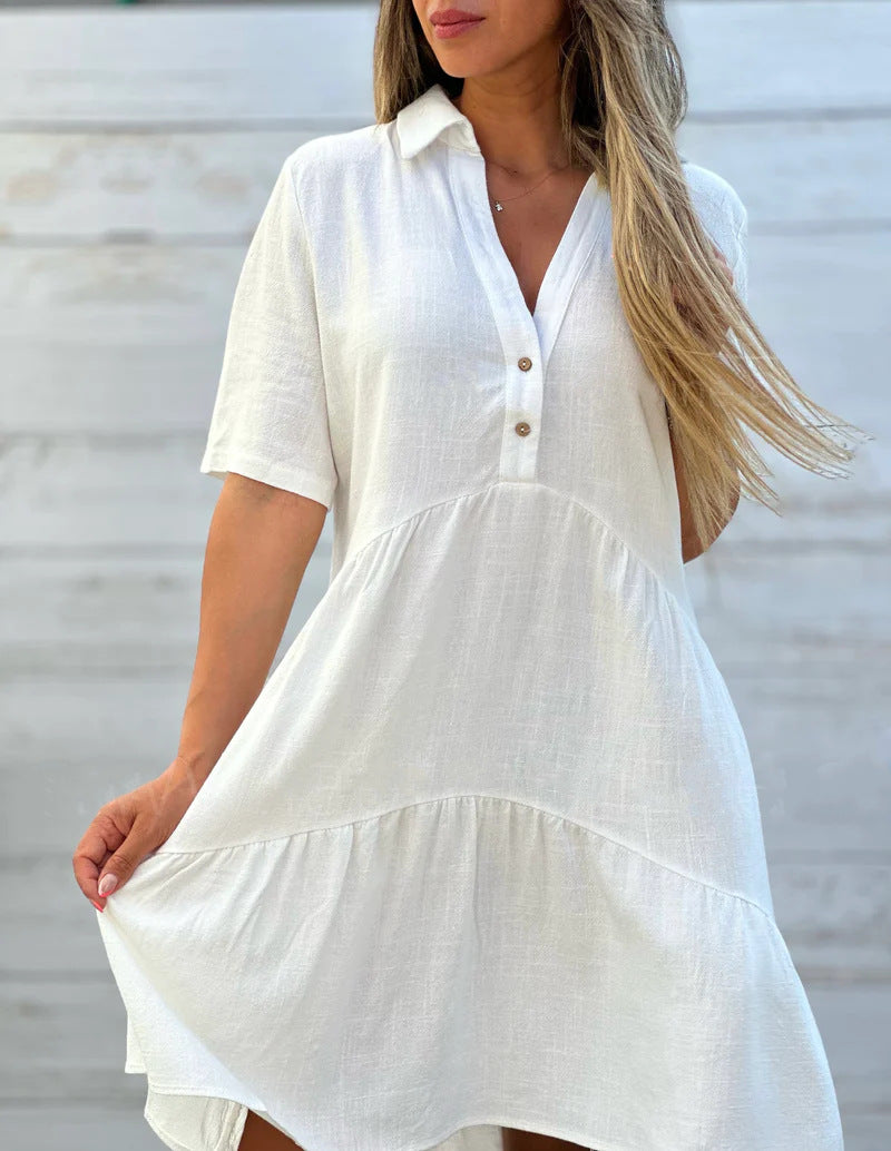 Casual women's dress – Flowing cut – Short sleeves – Shirt collar – Natural fibers