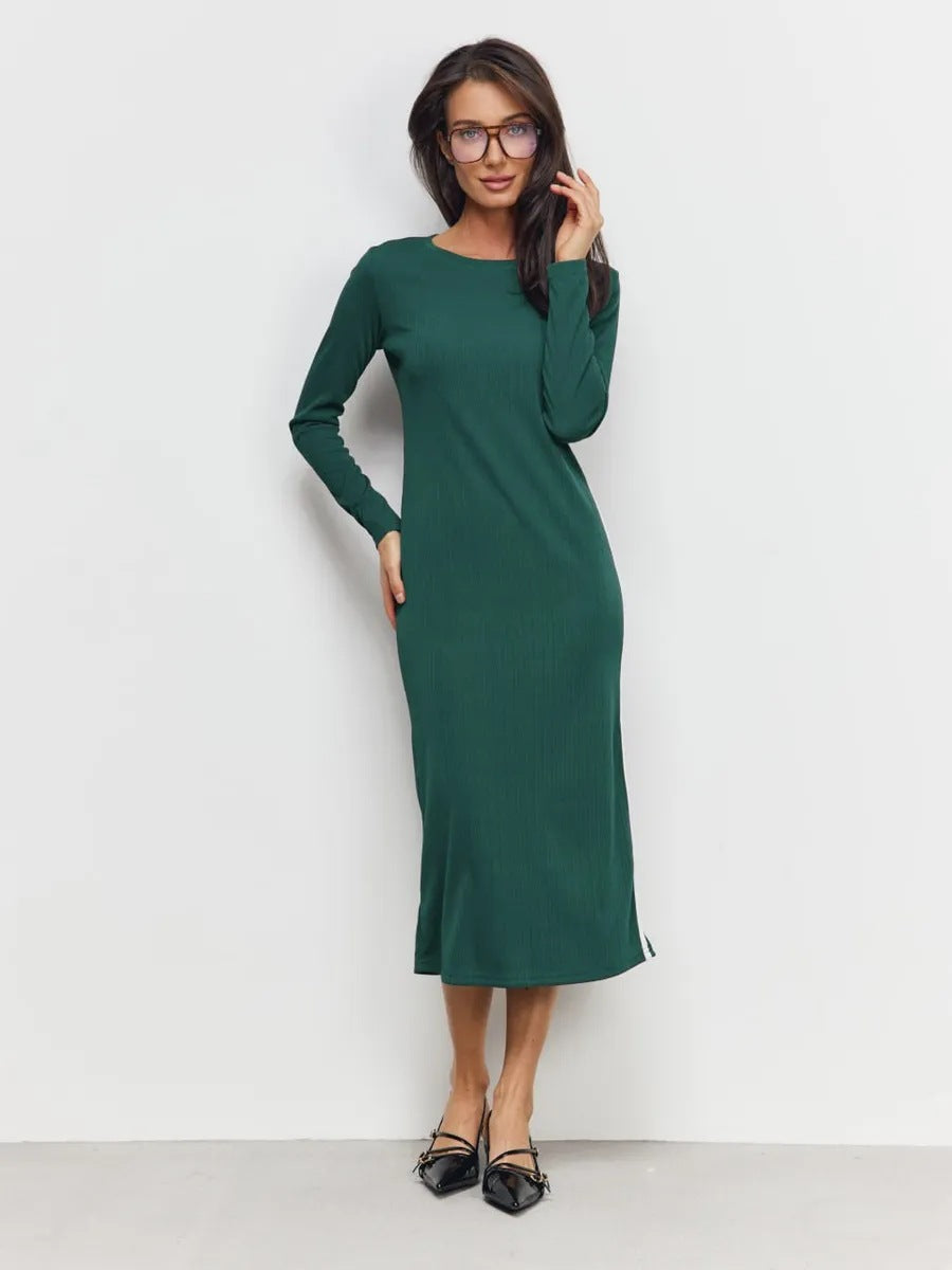 Robe longue femme – Coupe slim – Manches longues – Fente latérale – Maille côtelée