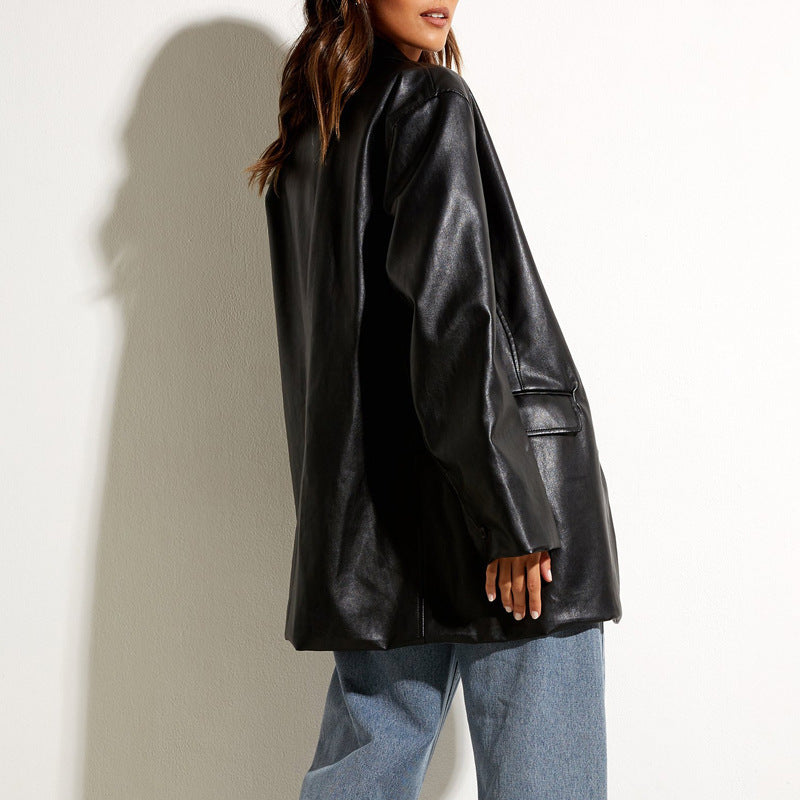 Veste blazer femme – Coupe oversize – Effet cuir lisse – Longueur mi-cuisses – Manches longues