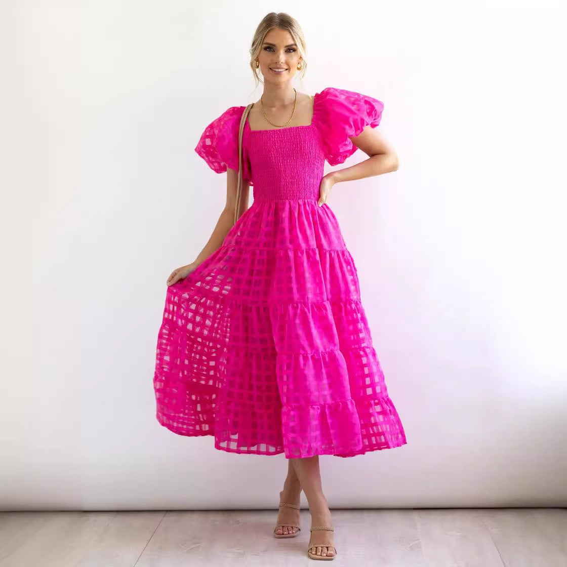 Women's long dress – Off-the-shoulder – Puff sleeves – Smocked waist – Breathable fabric