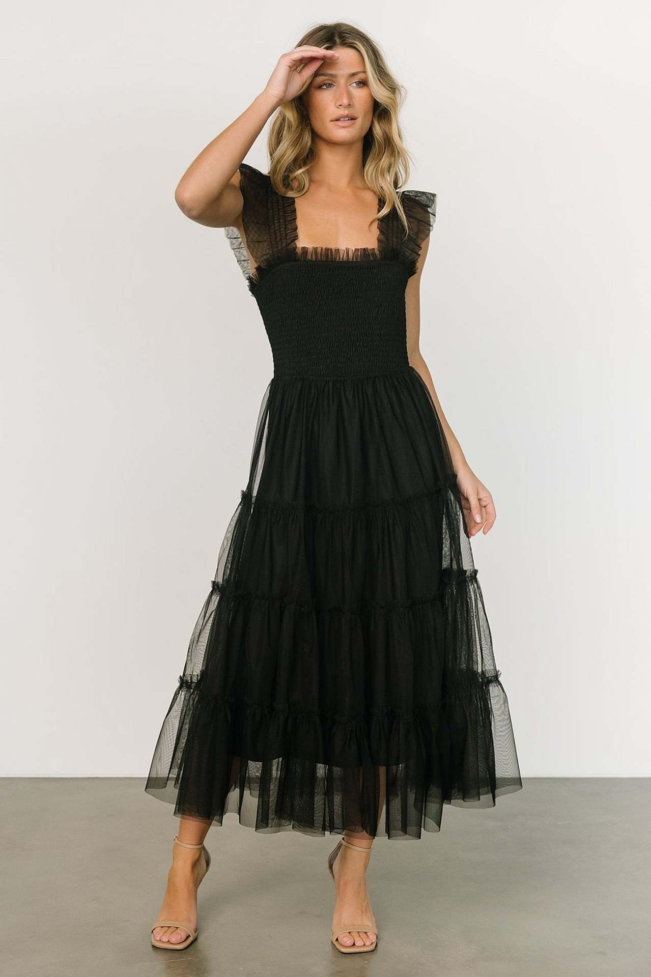 Robe midi femme – Haut smocké ajusté – Jupe en tulle à volants – Bretelles à volants