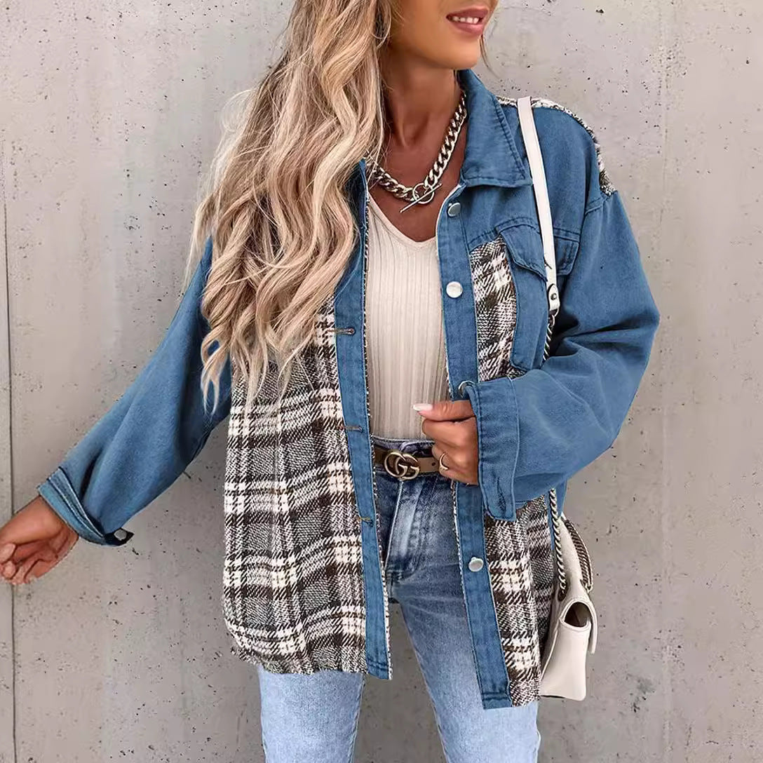 Women's jacket – Oversized cut – Cotton blend – Long sleeves – Denim and plaid style