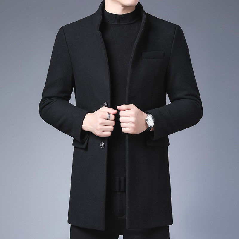 Mid-length men's coat – Slim fit – Wool effect – Stand collar – Dressy style
