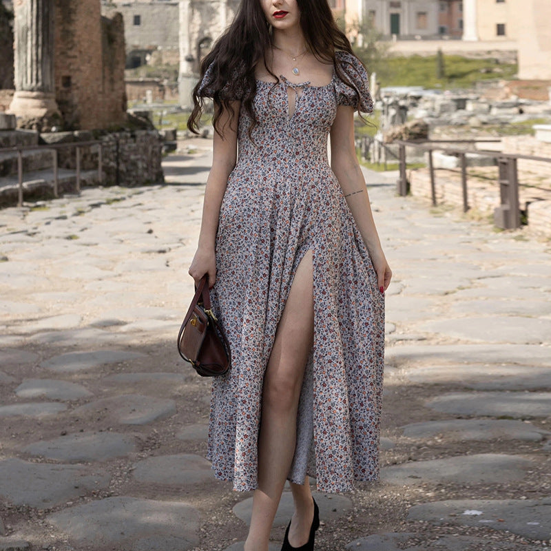 Robe midi femme – Coupe ajustée – Manches bouffantes – Encolure carrée – Fente élégante