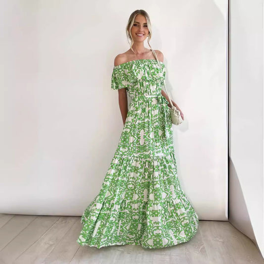 Women's long dress – Off-the-shoulder – Fluid fabric – Ruffled skirt – Adjustable belt