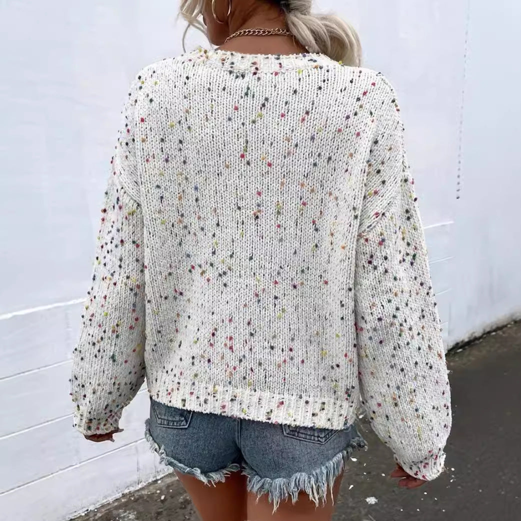 Pull Femme – Coupe Décontractée – Maille Douce – Finition Côtelée – Motif Moucheté