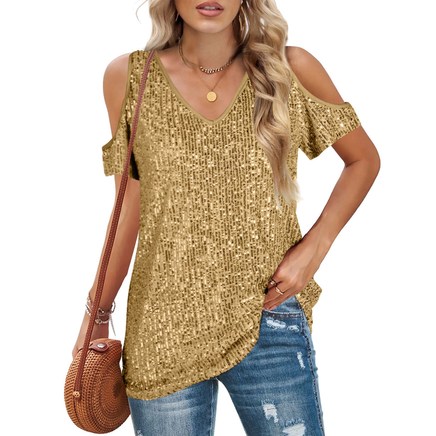 Women's V-neck top – Loose fit – Bare shoulders – Front with shiny sequins