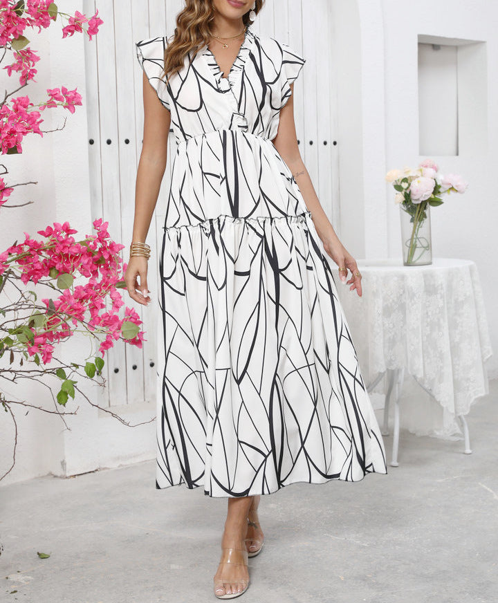 Women's long dress – Flowing cut – Sleeveless – V-neck – Graphic print