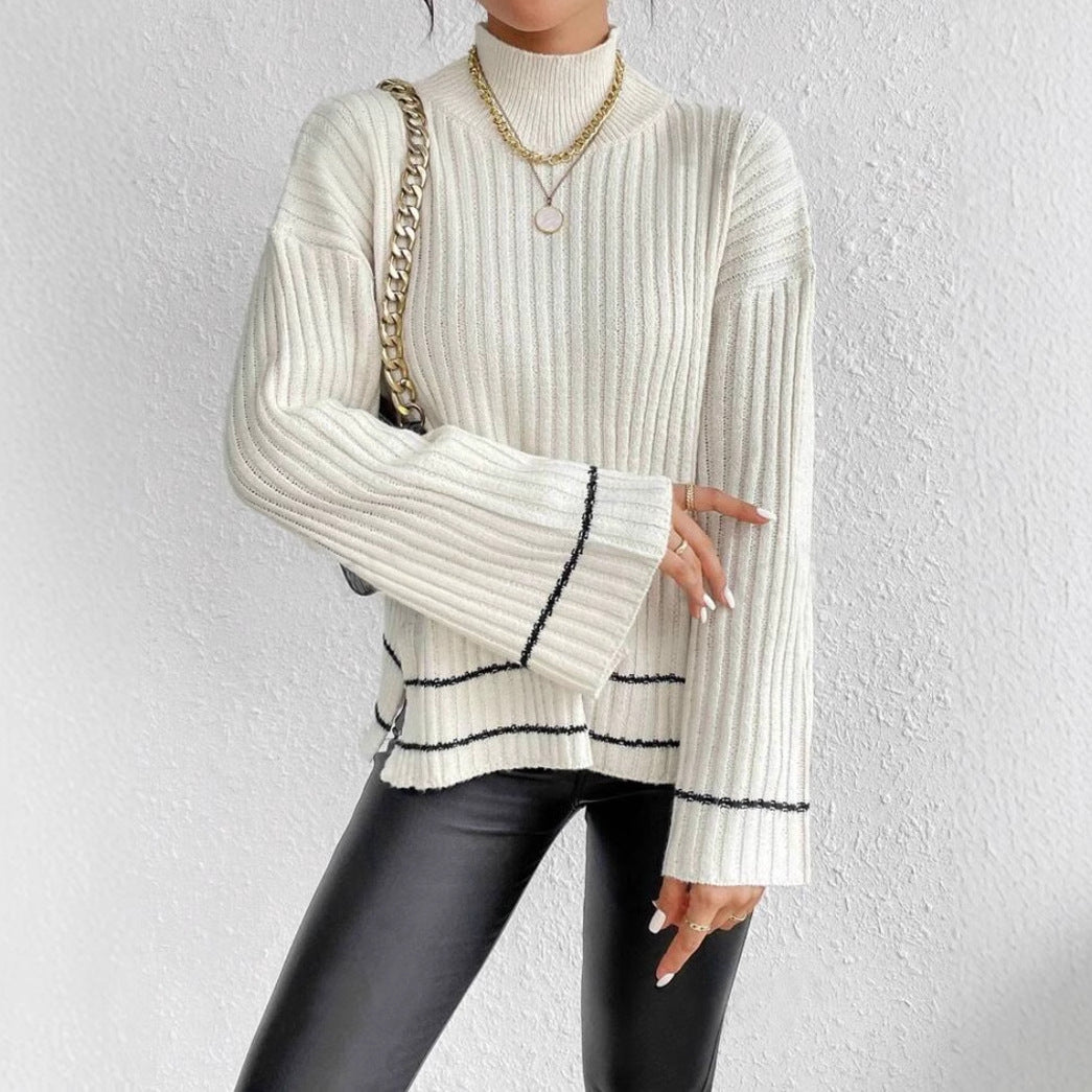 Pull femme en maille – Coupe oversize – Col montant – Manches longues – Rayures contrastées
