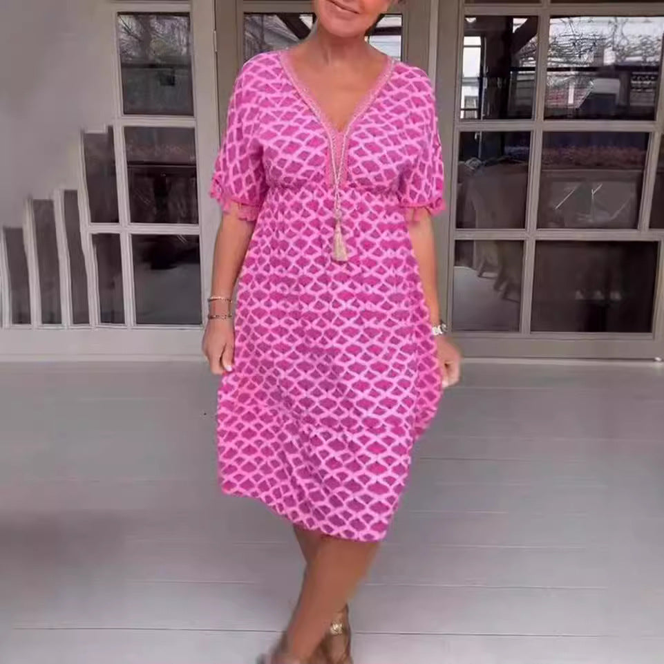 Women's midi dress – Relaxed fit – V-neck with ties – Fringed sleeves – Geometric print