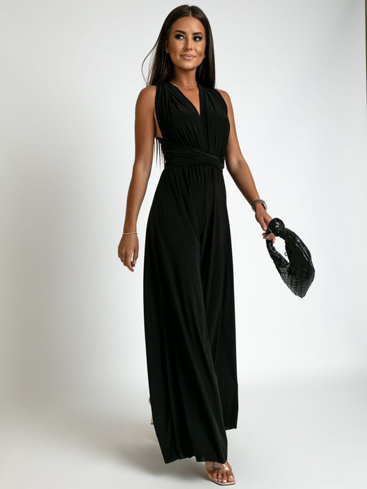 Women's jumpsuit – Sleeveless – Wrap-front neckline – Fitted waist – Wide legs