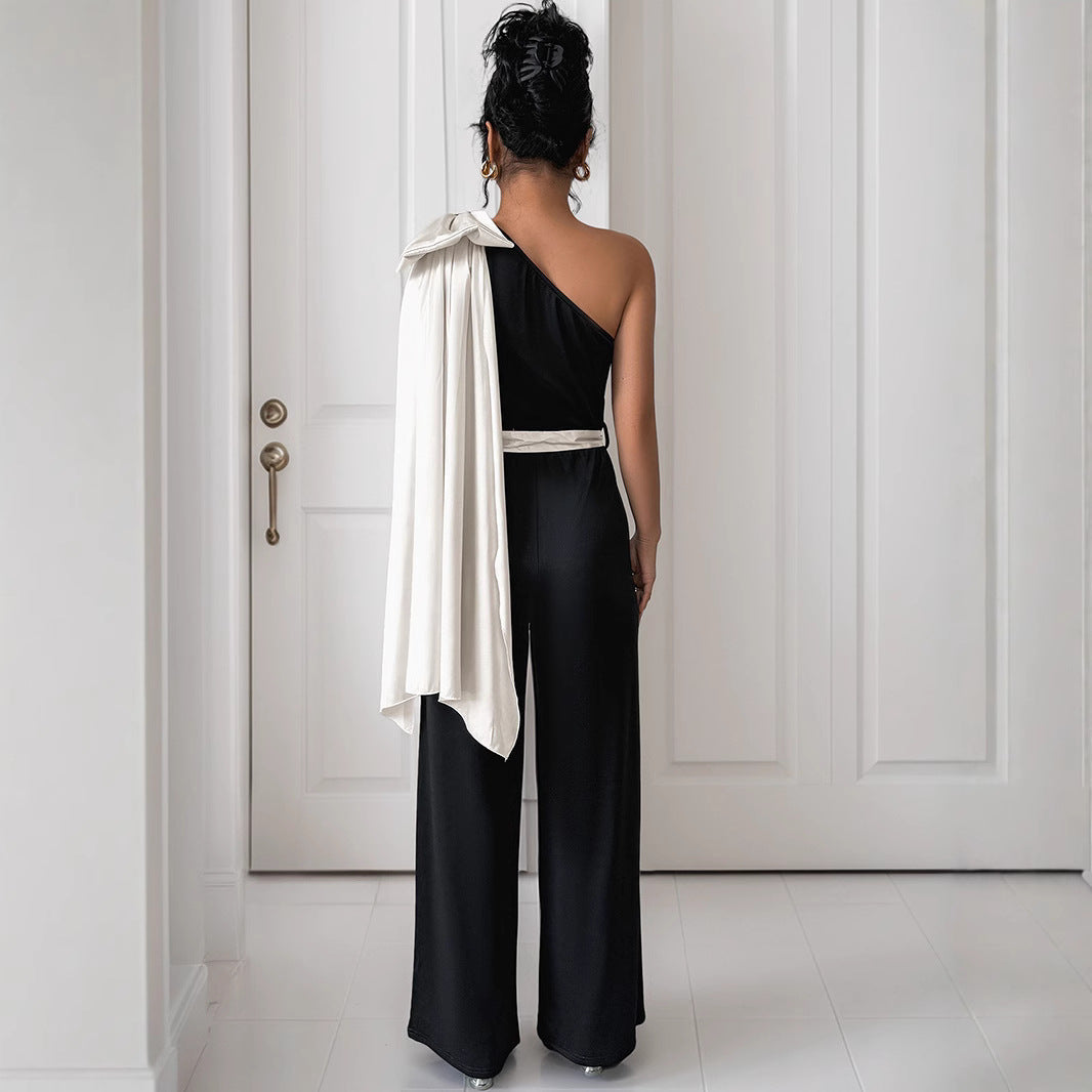 Women's jumpsuit – Fitted cut – Fluid satin – Off-the-shoulder with elegant bow
