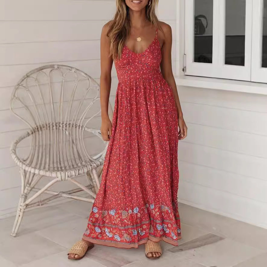 Robe longue femme – Coupe fluide – Imprimé fleuri – Bretelles fines – Style bohème