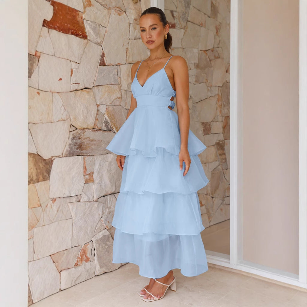 Women's long dress – Flowing cut – Layered ruffles – V-neckline – Thin straps