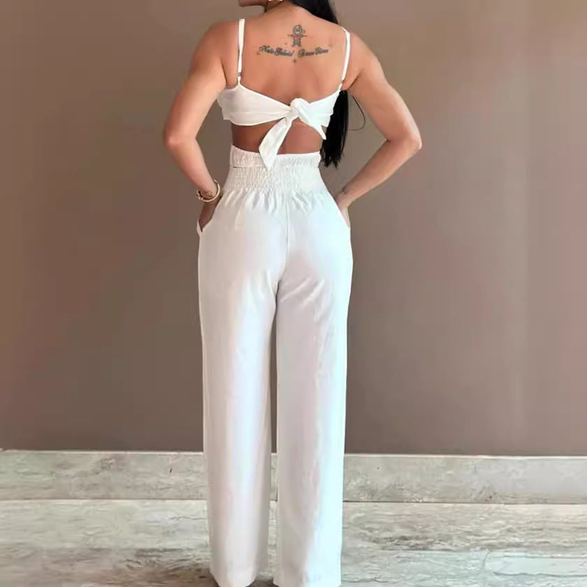 Women's Jumpsuit – Backless – Wide Legs – Thin Straps – Bow – Breathable Fabric