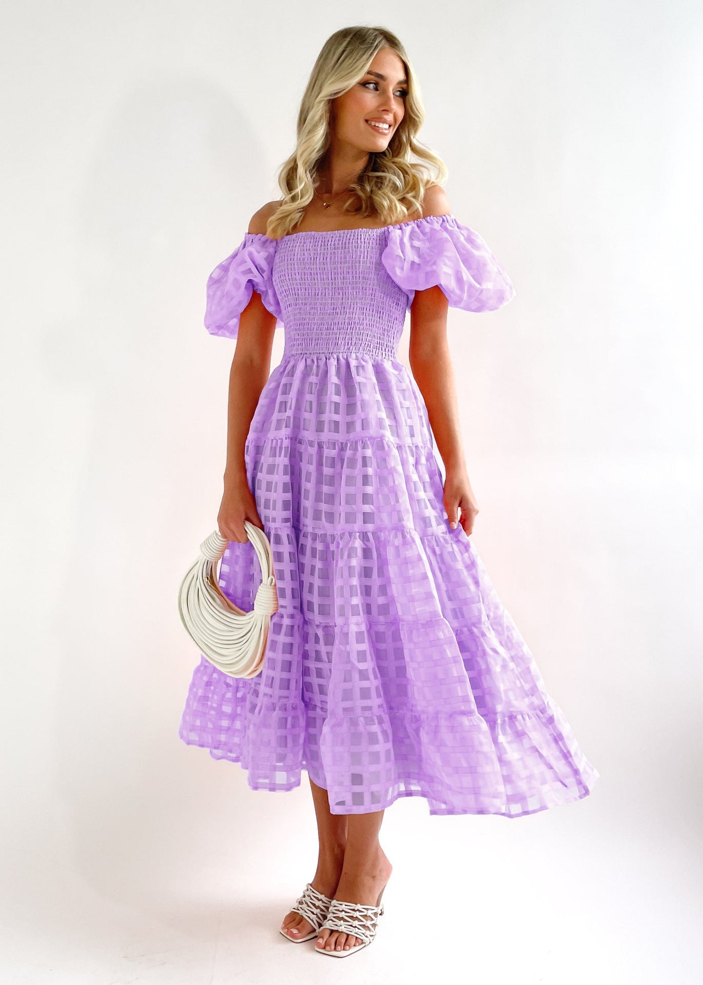 Women's long dress – Off-the-shoulder – Puff sleeves – Smocked waist – Breathable fabric