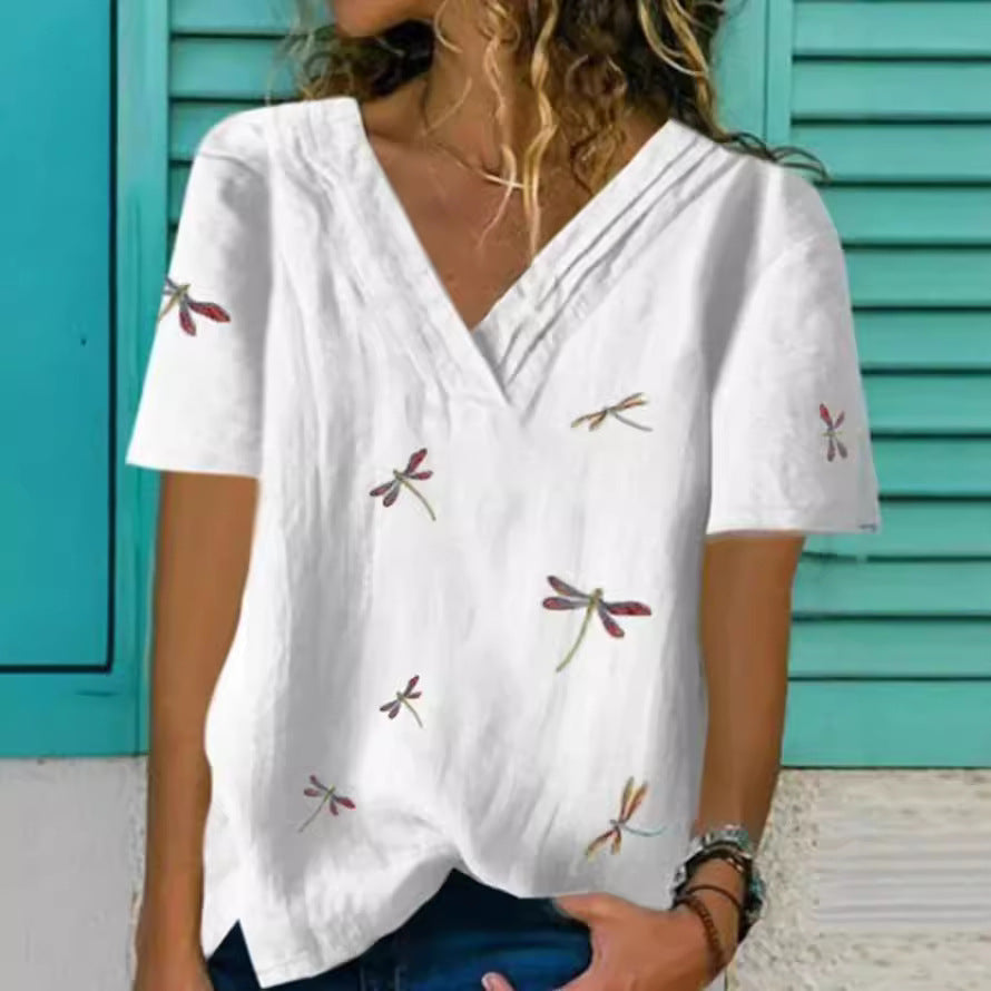 Women's V-Neck Blouse – Relaxed Fit – Embroidered Dragonfly Motifs – Short Sleeves
