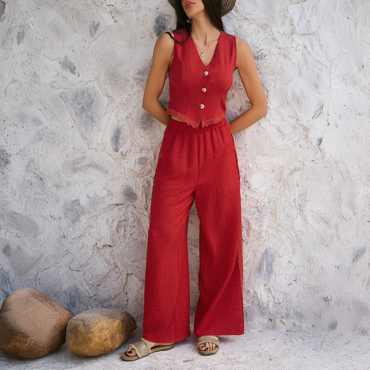 Women's Set Vest and Wide Pants – Fitted Cut – Soft Breathable Fabric – Lace Trims