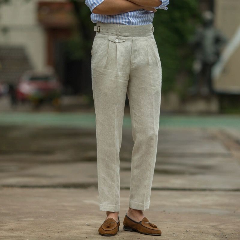 Men's slim trousers – High waist – Natural fibres – Pleats – Cuffed hem