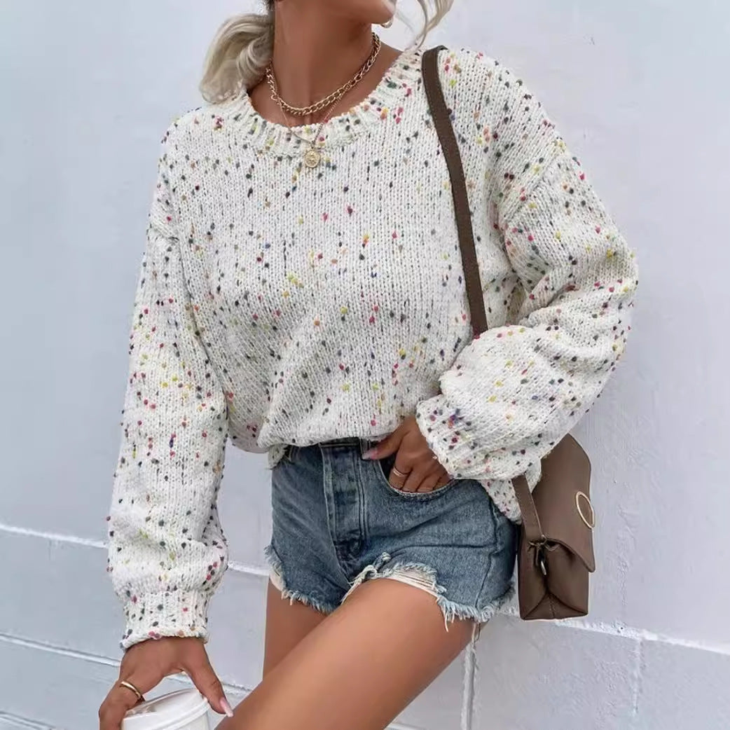 Pull Femme – Coupe Décontractée – Maille Douce – Finition Côtelée – Motif Moucheté