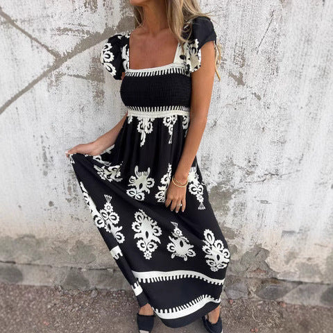 Women's long dress – Breathable fabric – Square neckline – Flutter sleeves – Smocked waist