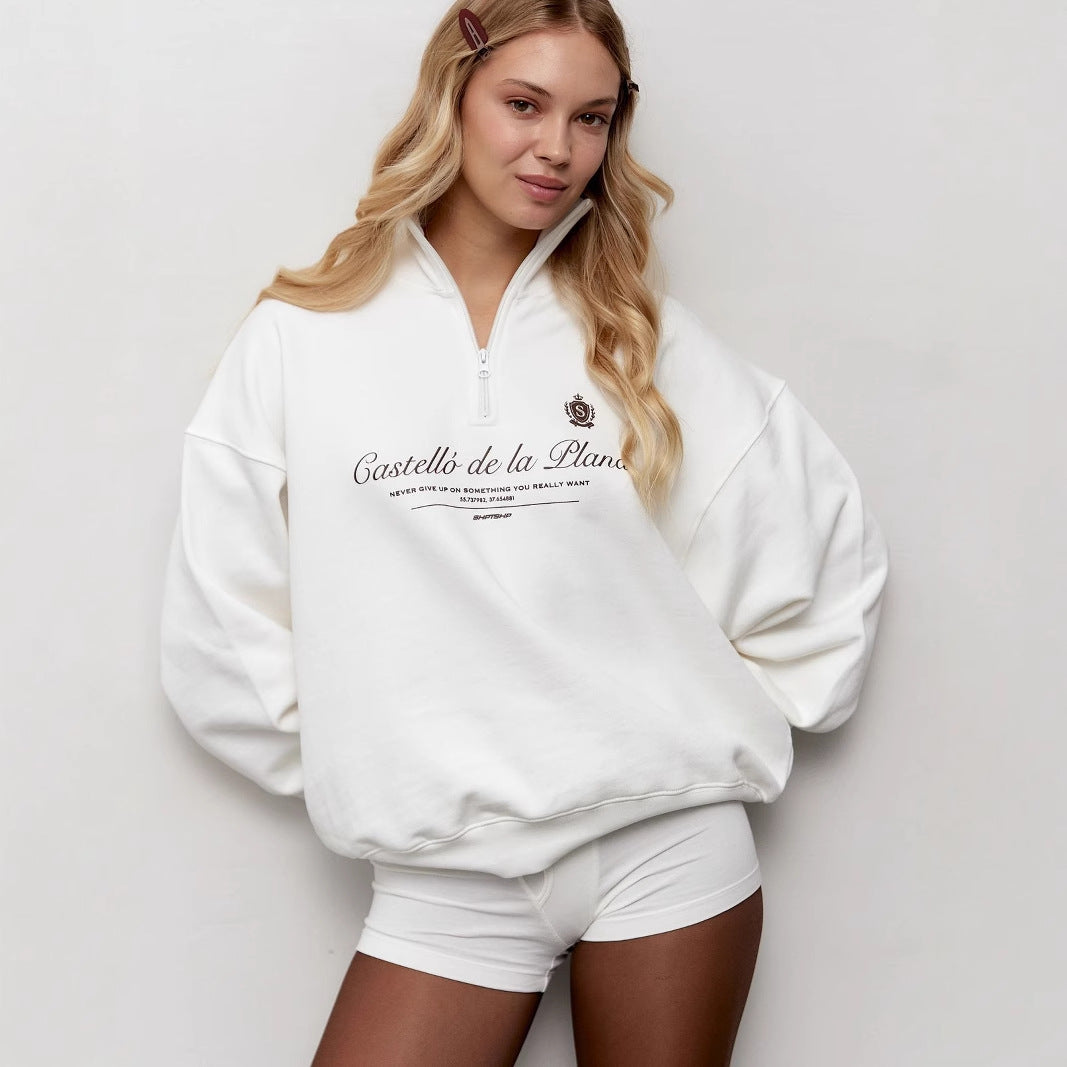 Sweat-shirt femme – Coupe oversize – Demi-zip – Col montant – Motif vintage