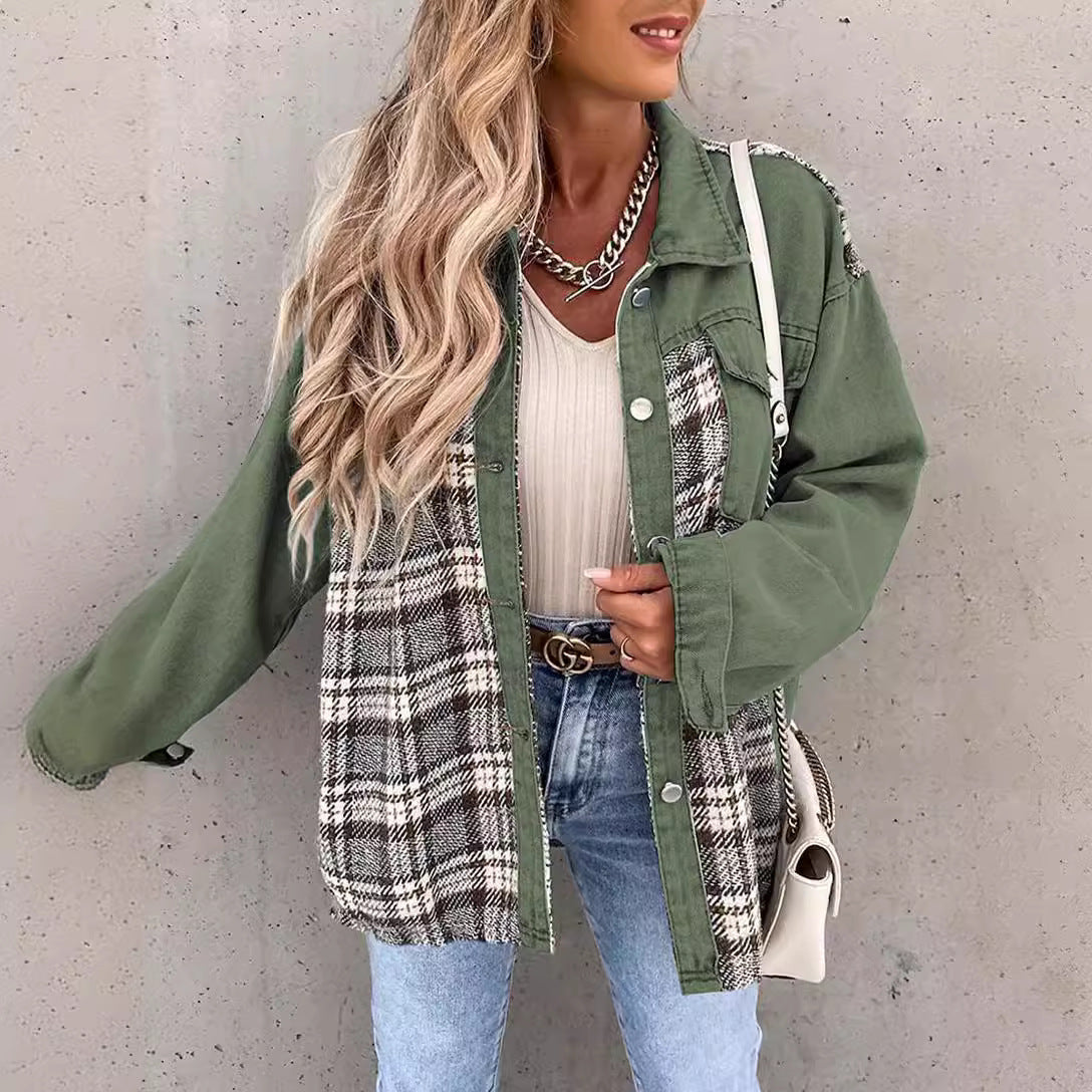 Women's jacket – Oversized cut – Cotton blend – Long sleeves – Denim and plaid style