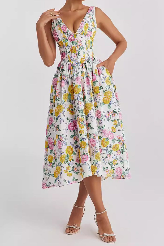 Robe femme sans manches – Décolleté en V – Coupe évasée – Imprimé fleuri – Longueur midi
