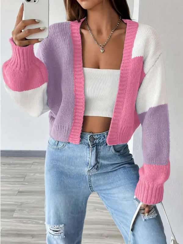 Gilet Femme – Coupe Courte – Maille Douce – Manches Longues Bouffantes – Style Décontracté