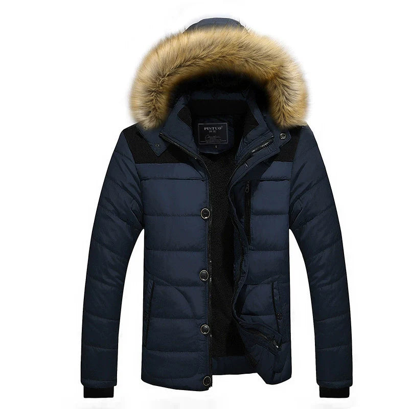 Men's Winter Jacket - Quilted Texture - Slim Fit - Stand Collar - Faux Fur Hood