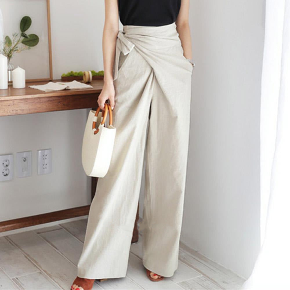 Pantalon femme large – Taille haute – Ceinture nouée – Tissu fluide – Longueur cheville