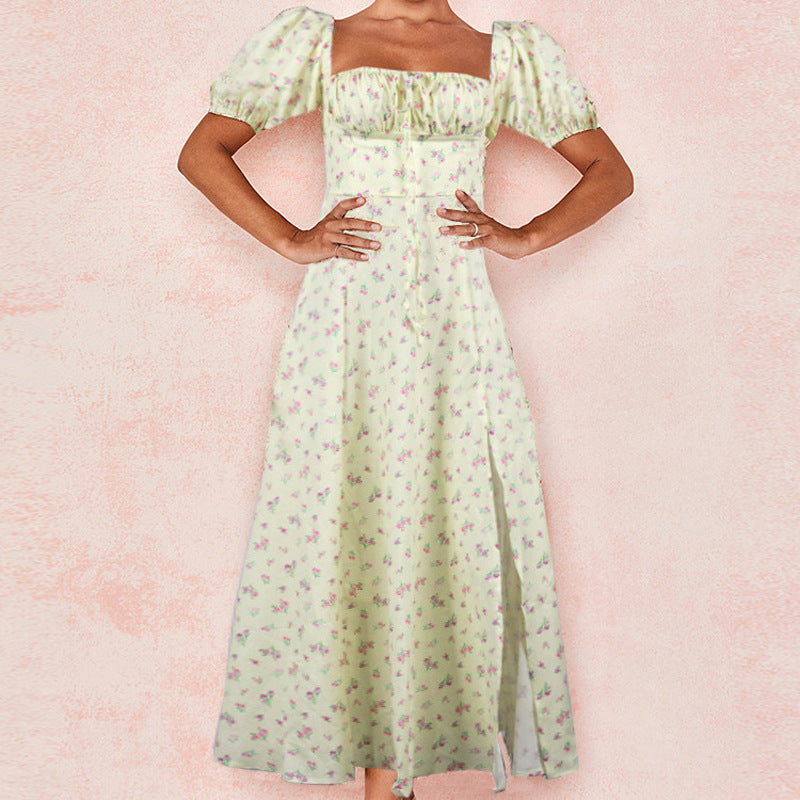 Robe midi femme – Coupe ajustée – Manches bouffantes – Encolure carrée – Fente élégante