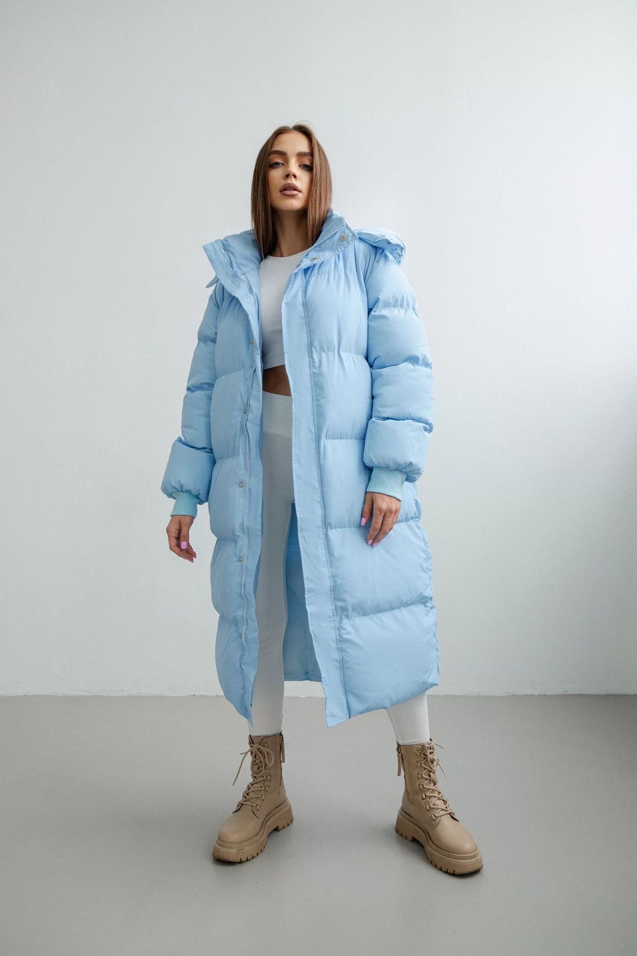 Women's Long Quilted Coat - Synthetic Fabric - Oversize Cut - Stand-Up Collar With Hood