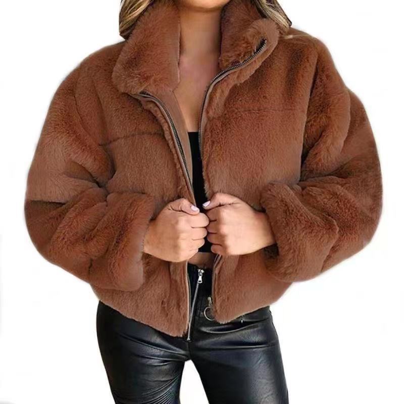 Women's cardigan coat – Faux fur – Oversize cut – Zip-up stand collar