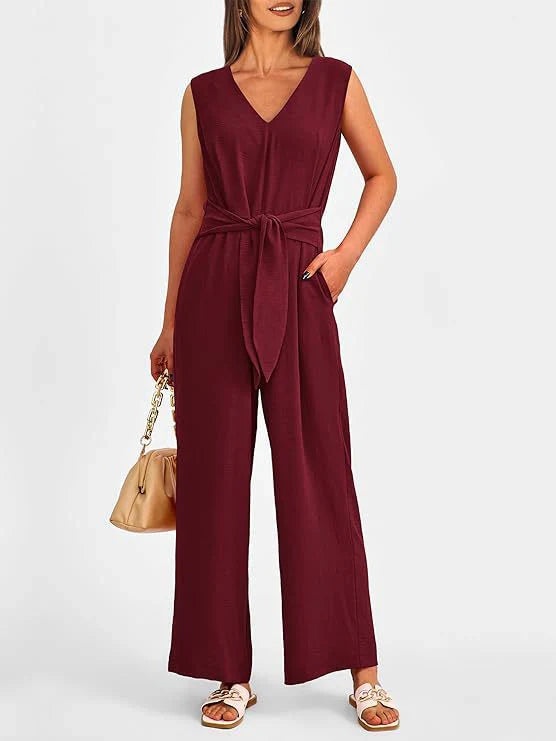 Women's jumpsuit – Sleeveless – Flowing cut – Tied waist – V-neck