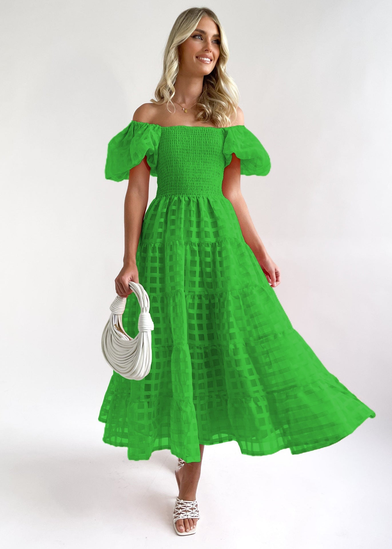 Women's long dress – Off-the-shoulder – Puff sleeves – Smocked waist – Breathable fabric