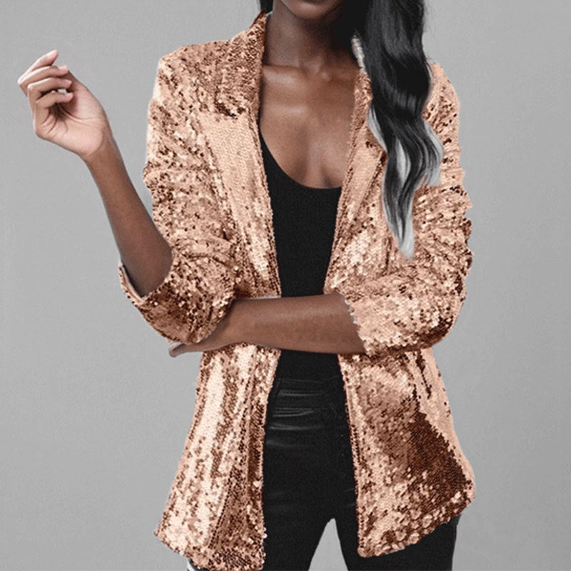 Blazer femme – Coupe cintrée – Sequins brillants – Manches longues – Sans fermeture