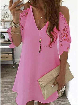 Women's trapeze dress – mini length – lace sleeves bare shoulders – V-neck