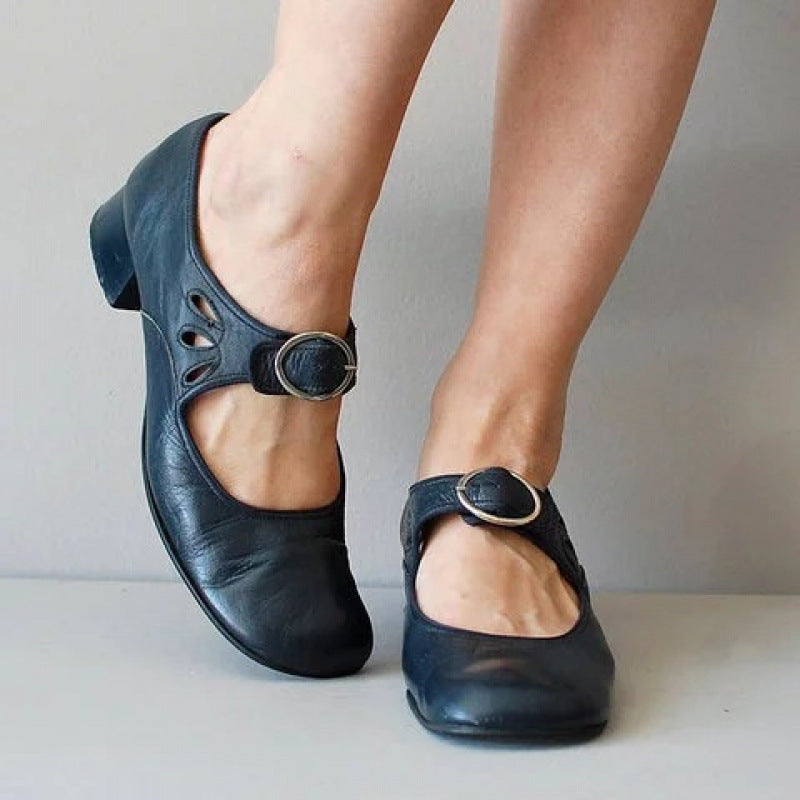 Chaussures habillées femme – Talon bas confortable – Bout rond – Bride à boucle vintage