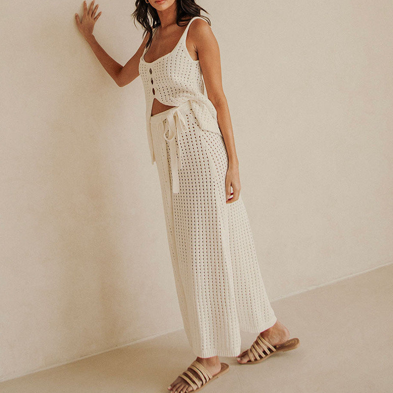 Women's Two-Piece Set – Buttoned Knit Crop Top – Adjustable Long Slit Skirt