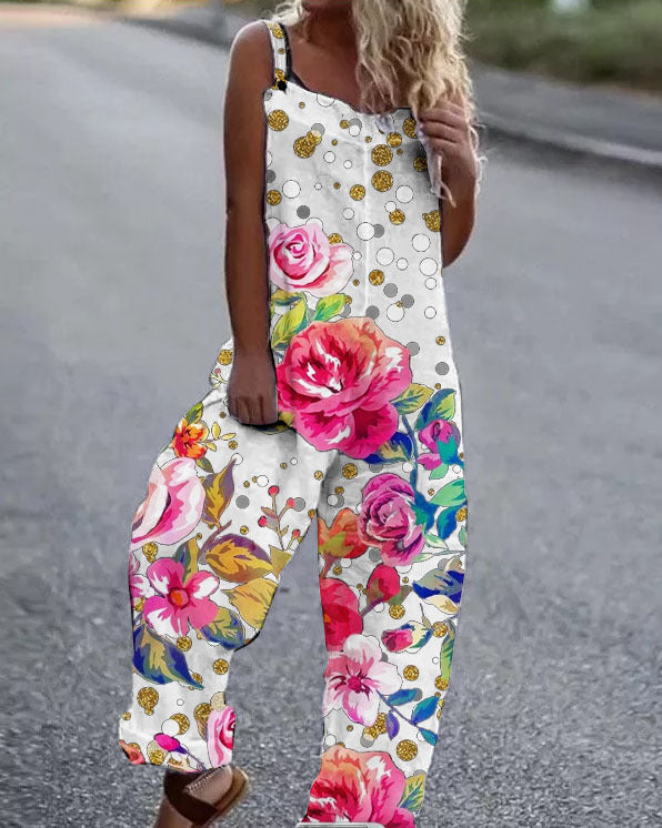 Women's jumpsuit – Loose fit – Wide legs – Floral print – Adjustable straps