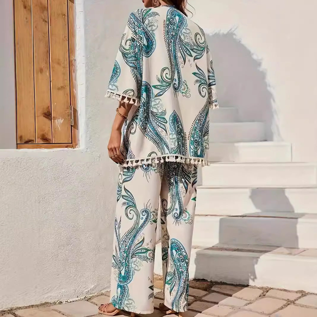 Women's Kimono Set – Relaxed Fit – Paisley Pattern – Breathable Fabric – Drawstring Waist